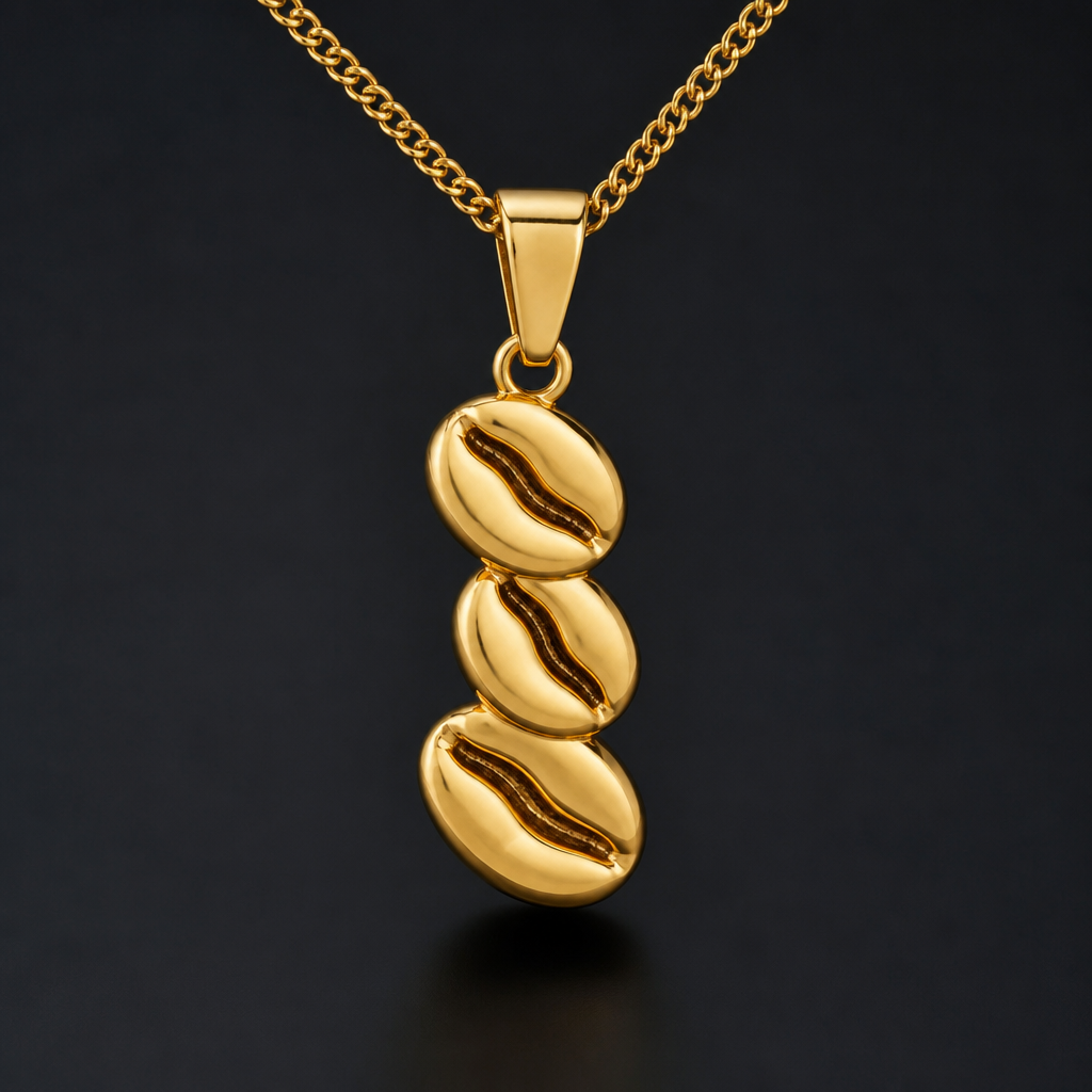 A minimalist men's pendant made of gold suitable for party. Un colgante con granos de café
photorealistic jewelry design, A minimalist men's pendant made of gold suitable for party. Un colgante con granos de café, minimalist style, just the design no text