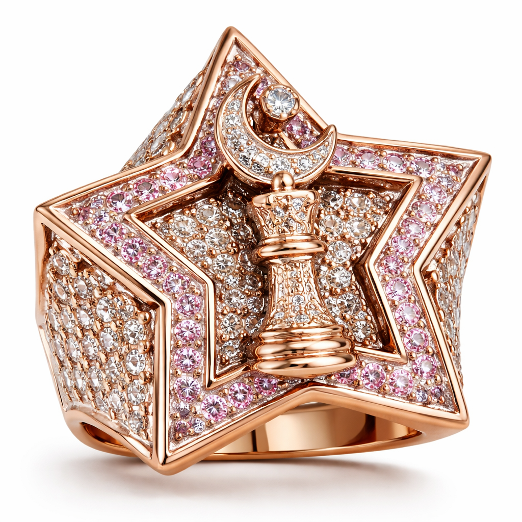 I want a big pinky ring in a star shape with the middle being a chess piece king But on top the king I want the Muslim moon crescent instead