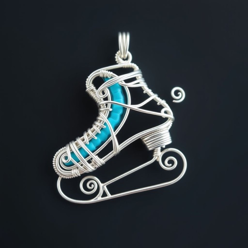 Silver Pendant shape one ice skate with turquoise stripe inside the low thin part blade