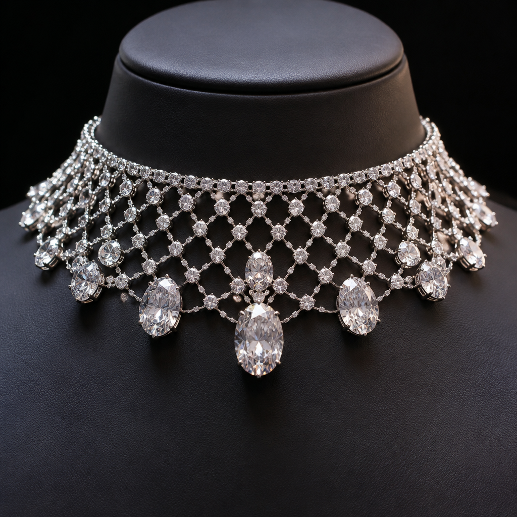 Silver net choker with large diamonds
photorealistic jewelry design, Silver net choker with large diamonds, chain style, just the design no text