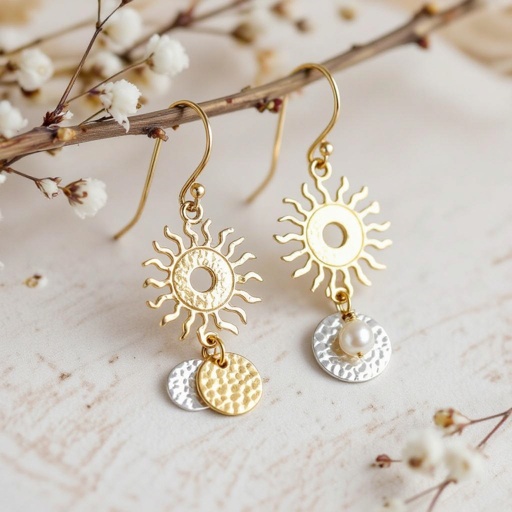 Золотые серьги словно мятое золото в форме солнца с волнистыми лучами, в центре солнца круглая дыра. крепится к застежке серьги. К нижней части солнца крепятся подвески: миниатюрная серебристая луна, очень маленький жемчуг и маленький золотой кружочек с мятым эффектом плоский