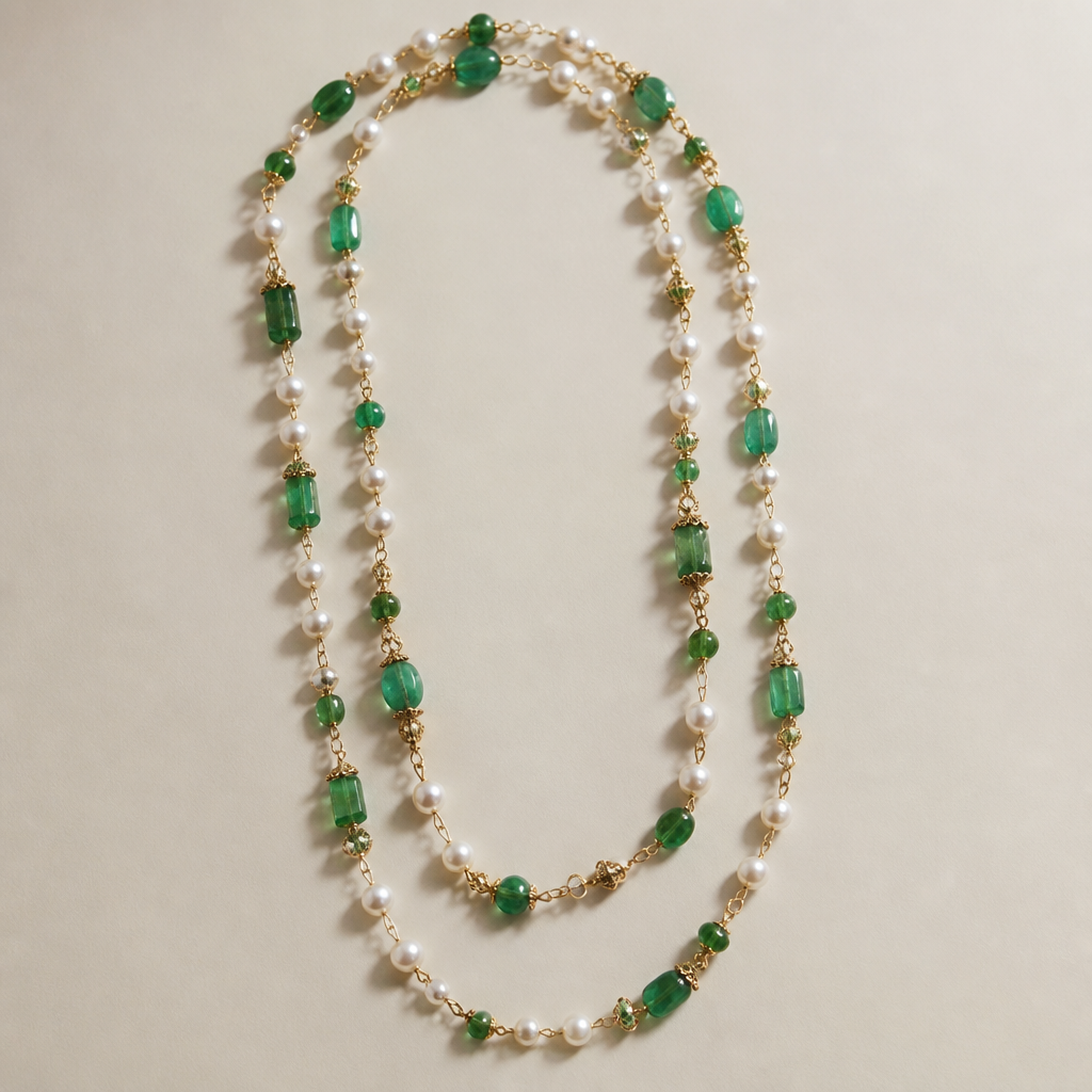 A long necklace with green stones and pearls
photorealistic jewelry design, A long necklace with green stones and pearls
, classic style, just the design no text
