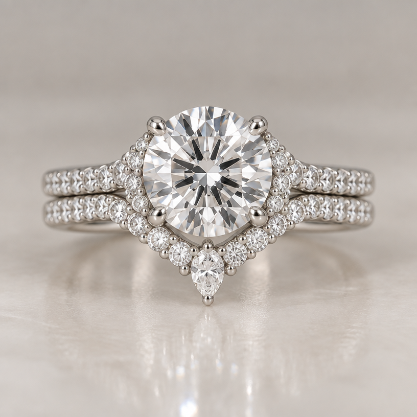 Make it symmetrical and fit more around the diamond on all sides. Pave bands
edit the attached jewelry design with these instructions: Make it symmetrical and fit more around the diamond on all sides. Pave bands. keep it photorealistic, just the design no text