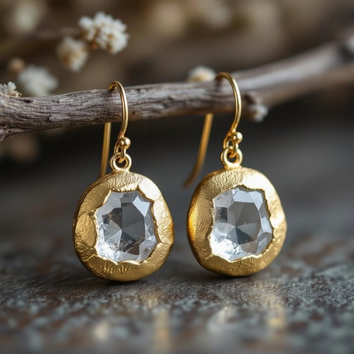 Серьги матовое золото с эффектом неровности Необработанный кварц 