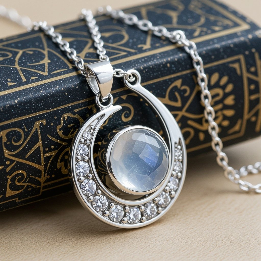 Луна полумесяцем и маленький в виде кристала лунный камень подвеска