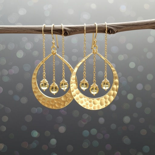 Золотые серьги словно мятое золото в форме узкого изящного полумесяца. Верхушка полумесяца крепится к застежке серьги.  От полумесяца идет три цепочки, у каждой на конце мелкий камушек цитрин