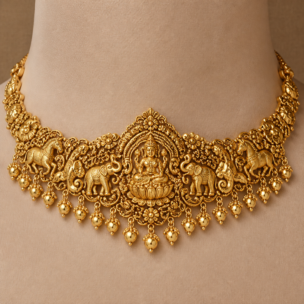 A classic women's necklace made of gold suitable for wedding. choker with lakshmi in the centre sitting on a lotus with elephants and horses on both sides and mango beads
photorealistic jewelry design, A classic women's necklace made of gold suitable for wedding. choker with lakshmi in the centre sitting on a lotus with elephants and horses on both sides and mango beads, classic style, just the design no text