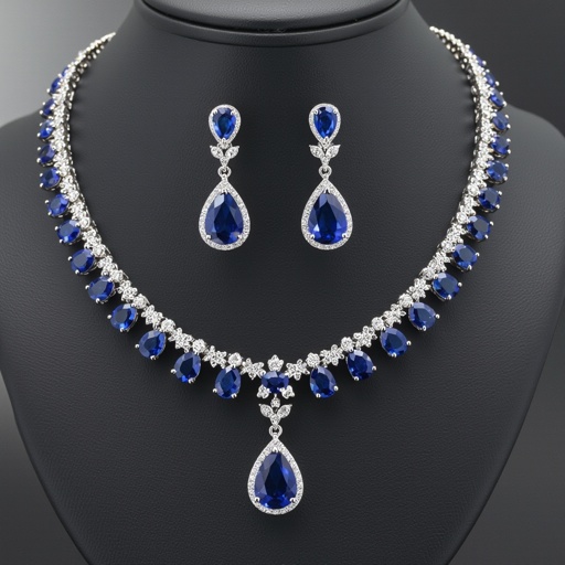 luxury necklace style and luxury earring set Platinum necks lace, sapphire , diamond accents, prong setting. Matching platinum earrings, sapphire pear drops, diamond accents, prong setting.