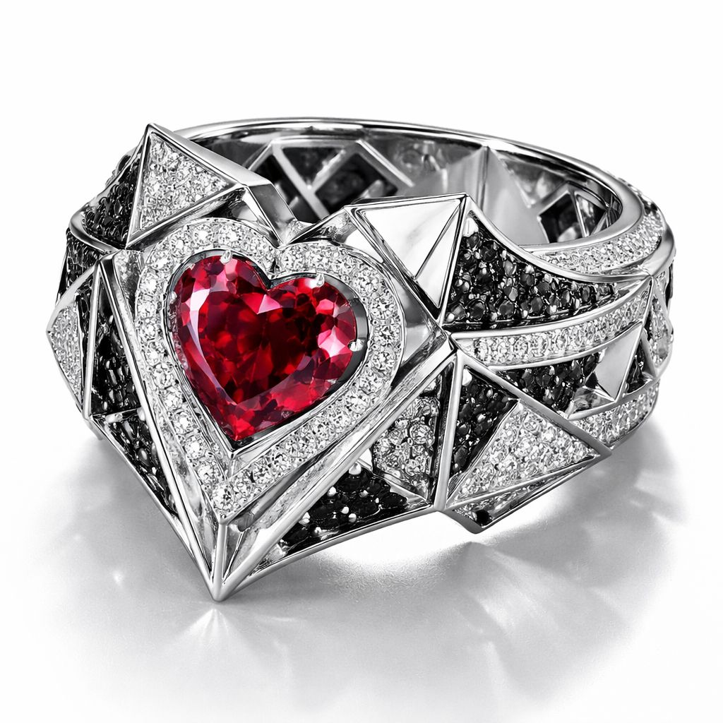 Geomatric ring of egdes and architecture shapes and bold of diamonds black and white and red of white background of edgy style and elements heart shape