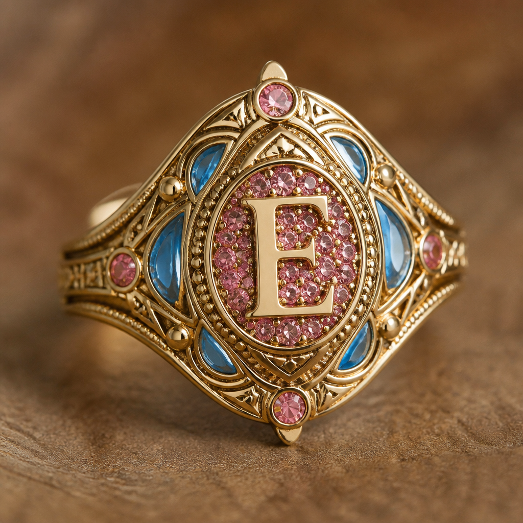 A tribal women's ring, detailed and decorative, moderately ornate. anel de 15 anos com inicial E com pedras rosa dentro com azul e rosa em volta
photorealistic jewelry design, A tribal women's ring, detailed and decorative, moderately ornate. anel de 15 anos com inicial E com pedras rosa dentro com azul e rosa em volta, tribal style, just the design no text