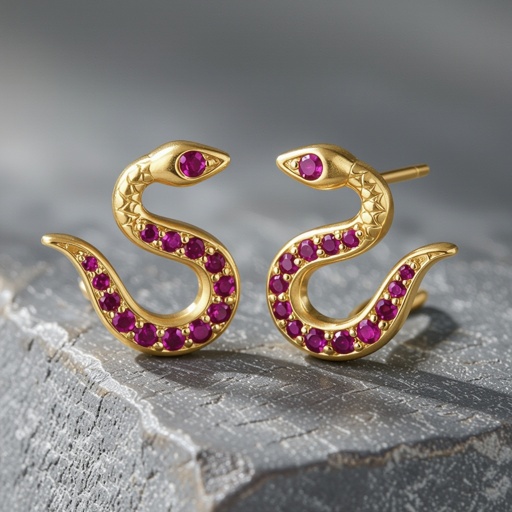 Небольшие золотые матовые серьги в виде символической змеи