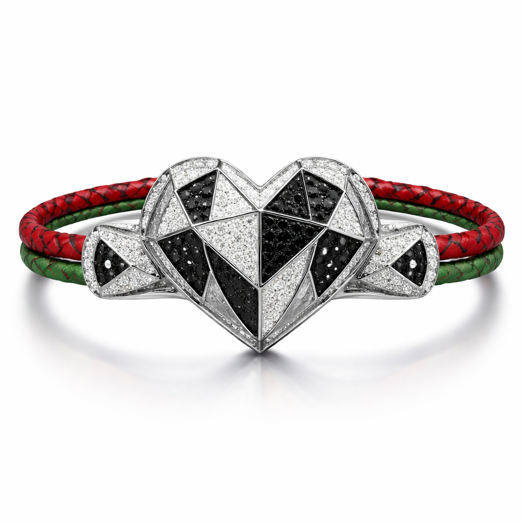 Geomatric bangle of heart of ede style and shape white black diamonds of love shape of little bit of stones and chain of red leather and green