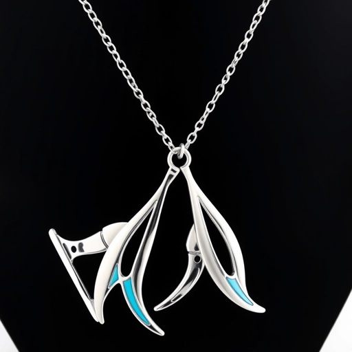 Silver neckless of stylized ice skating’s blades with a stripe of turquoise inside the blades