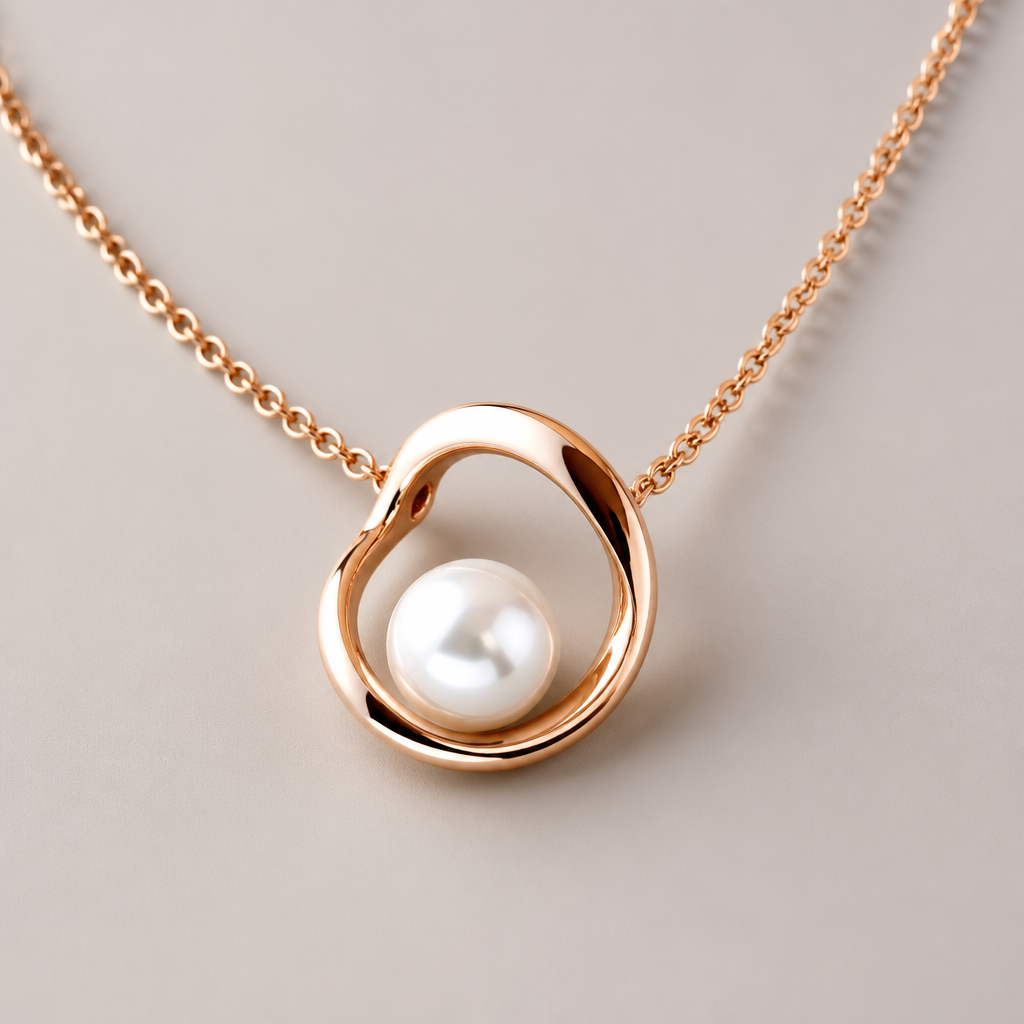 A women's ring. it's a necklace with rose gold and pearl
photorealistic jewelry design, A women's ring. it's a necklace with rose gold and pearl, modern style, just the design no text