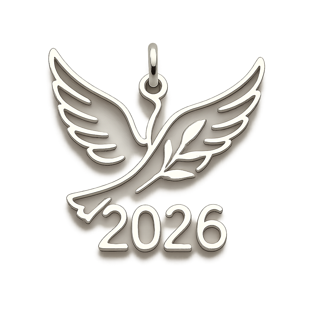 Slim white cut-out charm only with  two spread out bird wings, an olive branch and  along year 2026