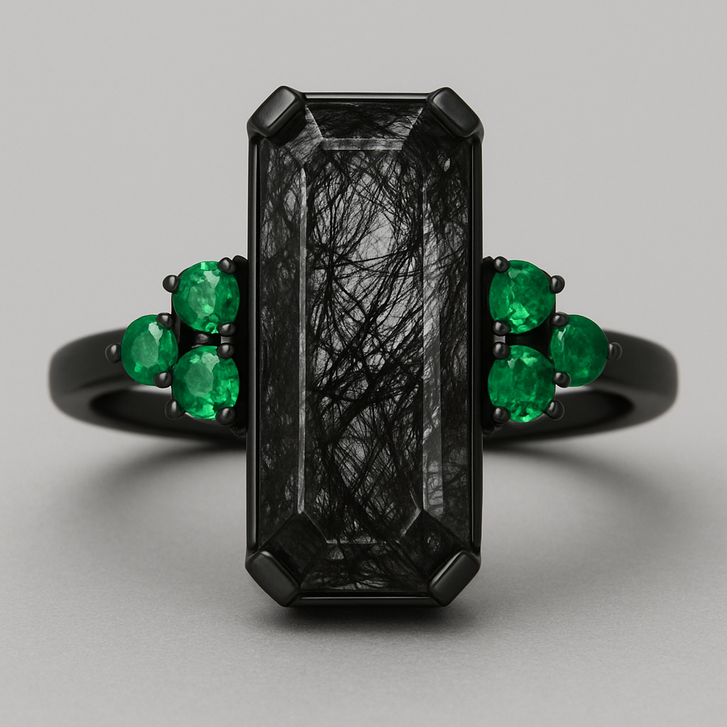 Black band, long hexagon cut rutilated black quartz, emerald accent stones 3 on each side in a cluster 