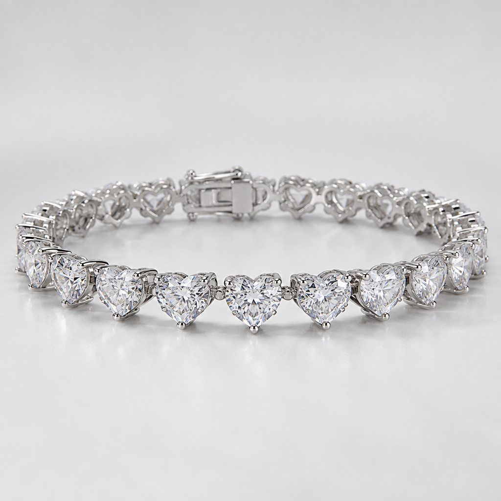 Heart shapes tennis bracelet around 13 carat
photorealistic jewelry design, Heart shapes tennis bracelet around 13 carat
, statement style, just the design no text