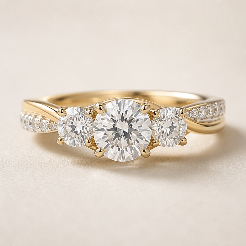 A three-stone women's ring made of gold with diamond stones suitable for engagement, detailed and decorative, moderately ornate. Create the exact ring in the image but with with 3 round diamonds
using the attached image as a visual reference, create A three-stone women's ring made of gold with diamond stones suitable for engagement, detailed and decorative, moderately ornate. Create the exact ring in the image but with with 3 round diamonds. photorealistic, just the design no text