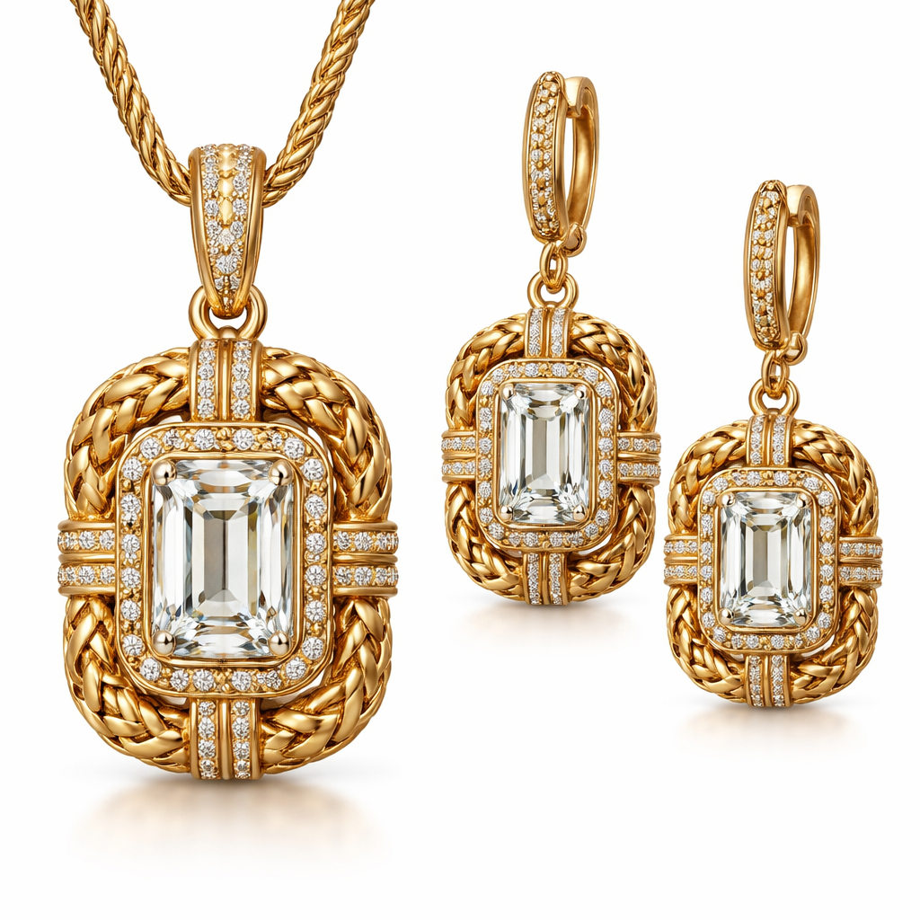 Create pendant and earrings in gold with emerald cut diamonds, with leather design in gold