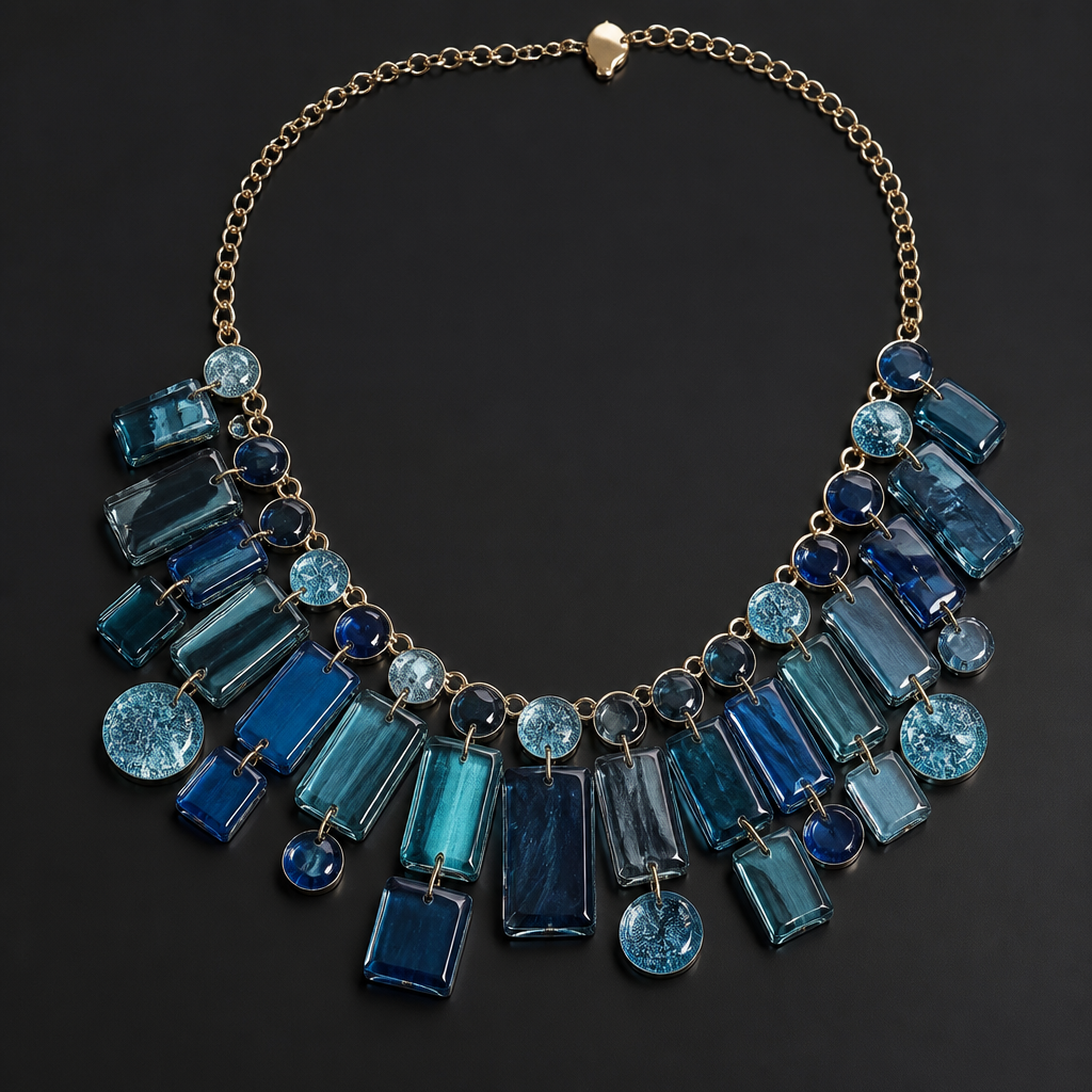A women's necklace. create a bib necklace design with chunky rectangular and round glass dangling beads
photorealistic jewelry design, A women's necklace. create a bib necklace design with chunky rectangular and round glass dangling beads, modern style, just the design no text