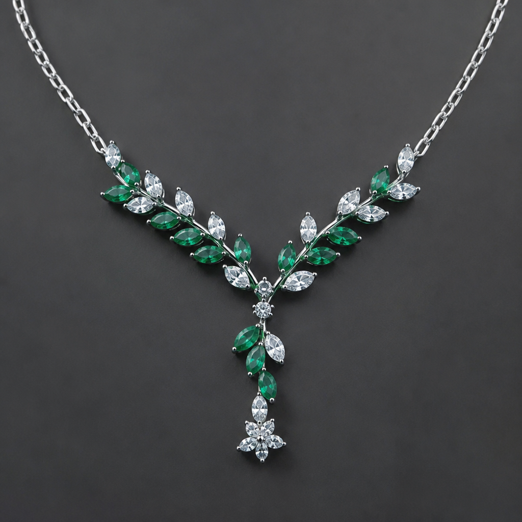 A women's necklace made of silver. silver chain with green leaf diamond and white diamond
photorealistic jewelry design, A women's necklace made of silver. silver chain with green leaf diamond and white diamond, modern style, just the design no text