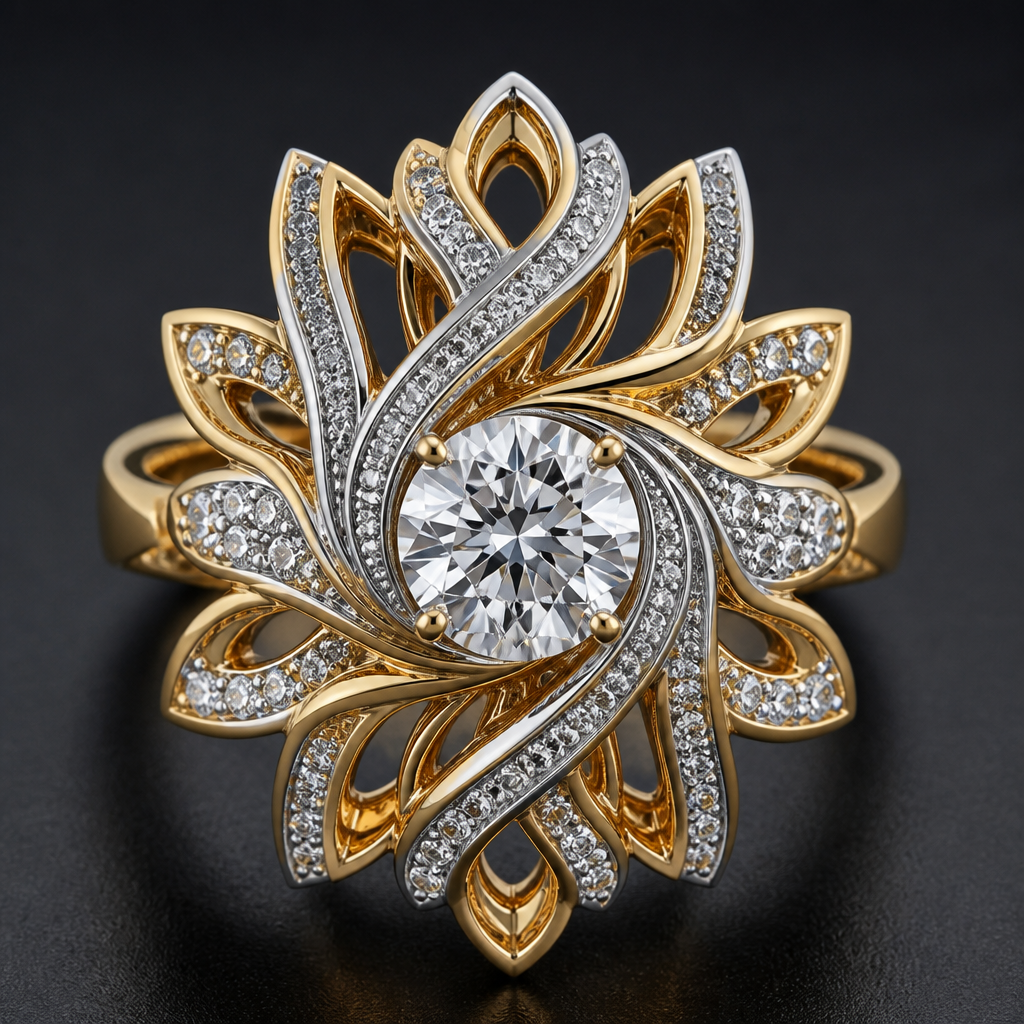 A statement women's ring made of mixed metal with diamond stones suitable for festival. An extraordinary excellent beautiful delicate and elegant solitaire women ring. Face of the ring.
photorealistic jewelry design, A statement women's ring made of mixed metal with diamond stones suitable for festival. An extraordinary excellent beautiful delicate and elegant solitaire women ring. Face of the ring., statement style, just the design no text