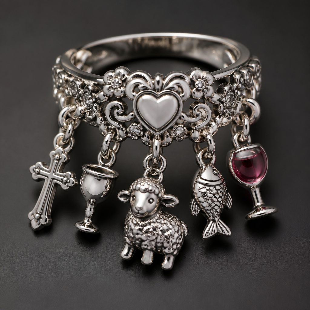 A women's ring, highly ornate, intricate and elaborate, richly detailed. uma mascote de prata com pingentes sobre cruz, taça de vinho, cálice,ovelinha,peixe, esses pingentes em 3d e fofos
photorealistic jewelry design, A women's ring, highly ornate, intricate and elaborate, richly detailed. uma mascote de prata com pingentes sobre cruz, taça de vinho, cálice,ovelinha,peixe, esses pingentes em 3d e fofos, modern style, just the design no text