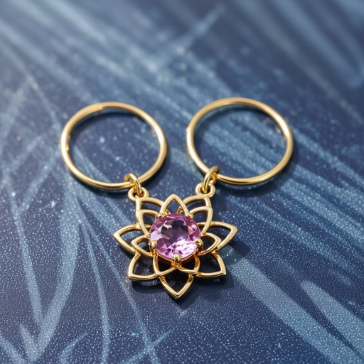 Серьги небольшие кольца, подвеска в виде золотого лотоса шестью лепестками с маленьким розовым кварцем по центру