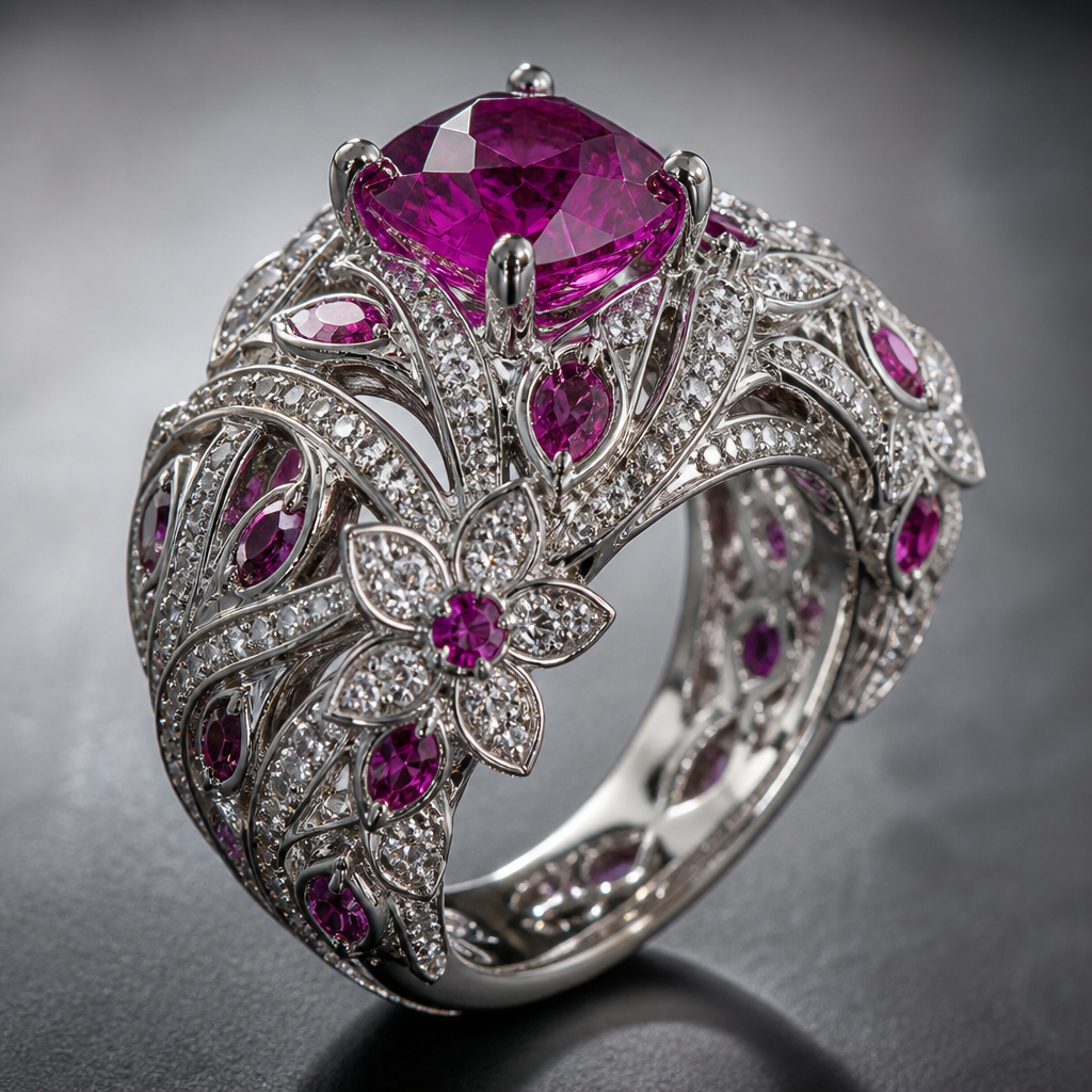 A women's ring, highly ornate, intricate and elaborate, richly detailed. a purple ruby ring
photorealistic jewelry design, A women's ring, highly ornate, intricate and elaborate, richly detailed. a purple ruby ring, modern style, just the design no text