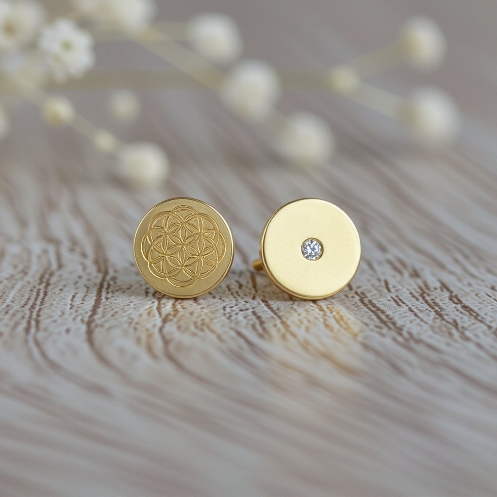 Пуссеты винтовой замок круглый символ цветка жизни с маленьким фианитом по центру