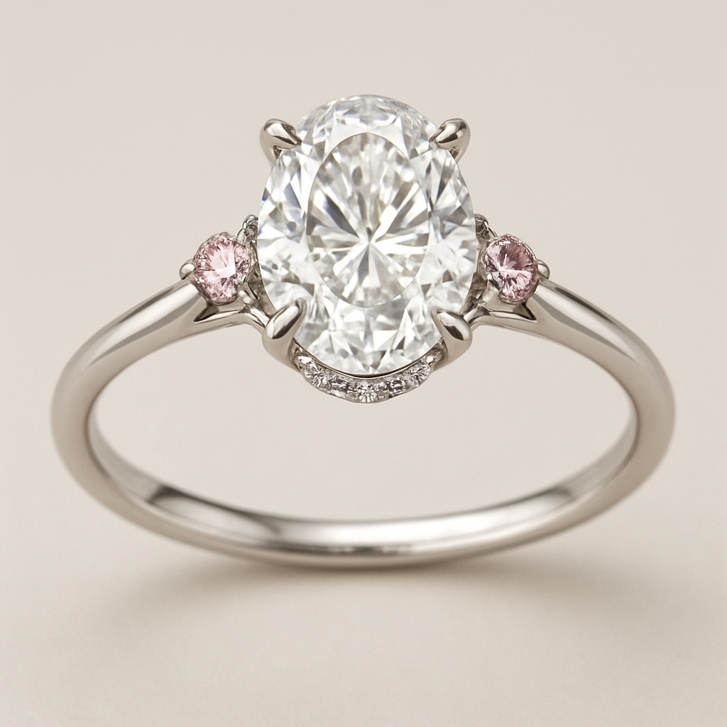 Make me a diamond engagement ring with an oval diamond that is large is shiny, silver band, but make it unique and fit for an elegant princess. Think dainty but loud and regal at the same time. Incorporate a second light pink diamond somewhere in the design .Make the band thinner and have a hidden halo with a modern tulip basket setting with 6 prongs. Dainty but regal.  Make the band thinner and have a hidden halo with a modern tulip basket setting with 6 prongs. 