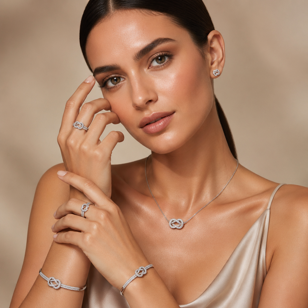A women's ring. Create a high-end luxury jewelry campaign using the uploaded product images.
Use the uploaded necklace, bracelets, rings, and earrings as the exact products (no redesign, no shape modification, preserve all original details and proportions).
Apply them naturally on a professional female model in a high fashion editorial style.
Model: elegant, symmetrical face, high cheekbones, refined jawline, flawless luminous skin, hazel eyes with subtle green-gold-brown tones, calm and sophisticated expression.
Hair: sleek, dark, pulled back, minimal styling.
Jewelry: ensure all pieces form a cohesive matching set, perfectly aligned and visible.
Earrings subtle but visible, rings clearly shown on fingers, bracelets on wrists, necklace centered on neck.
Metal: platinum finish (cool-toned, slightly darker than silver, mirror-polished, dense luxury feel, realistic reflections).
Preserve real material appearance from uploaded images.
Lighting: soft diffused studio lighting, high-end jewelry lighting setup, controlled reflections, soft shadows, premium glow on skin and metal.
Background: minimal luxury beige or soft neutral gradient, clean and elegant.
Composition: close-up portrait with hands near face to highlight rings and bracelets, balanced framing, focus on jewelry and face harmony.
Branding:
Replace any existing text with: "TEJ AL MADINA"
Add in corner in luxury serif font: TEJ AL MADINA
Add below: "Eternal Bond Collection"
Minimal, refined, editorial layout (Vogue-style but no external brand names).
Quality: ultra realistic, 8K, sharp focus, shallow depth of field, luxury campaign, global high jewelry brand aesthetic.
Priority: product fidelity first, no distortion, no redesign, accurate placement of uploaded jewelry.
photorealistic jewelry design, A women's ring. Create a high-end luxury jewelry campaign using the uploaded product images.
Use the uploaded necklace, bracelets, rings, and earrings as the exact products (no redesign, no shape modification, preserve all original details and proportions).
Apply them naturally on a professional female model in a high fashion editorial style.
Model: elegant, symmetrical face, high cheekbones, refined jawline, flawless luminous skin, hazel eyes with subtle green-gold-brown tones, calm and sophisticated expression.
Hair: sleek, dark, pulled back, minimal styling.
Jewelry: ensure all pieces form a cohesive matching set, perfectly aligned and visible.
Earrings subtle but visible, rings clearly shown on fingers, bracelets on wrists, necklace centered on neck.
Metal: platinum finish (cool-toned, slightly darker than silver, mirror-polished, dense luxury feel, realistic reflections).
Preserve real material appearance from uploaded images.
Lighting: soft diffused studio lighting, high-end jewelry lighting setup, controlled reflections, soft shadows, premium glow on skin and metal.
Background: minimal luxury beige or soft neutral gradient, clean and elegant.
Composition: close-up portrait with hands near face to highlight rings and bracelets, balanced framing, focus on jewelry and face harmony.
Branding:
Replace any existing text with: "TEJ AL MADINA"
Add in corner in luxury serif font: TEJ AL MADINA
Add below: "Eternal Bond Collection"
Minimal, refined, editorial layout (Vogue-style but no external brand names).
Quality: ultra realistic, 8K, sharp focus, shallow depth of field, luxury campaign, global high jewelry brand aesthetic.
Priority: product fidelity first, no distortion, no redesign, accurate placement of uploaded jewelry., modern style, just the design no text