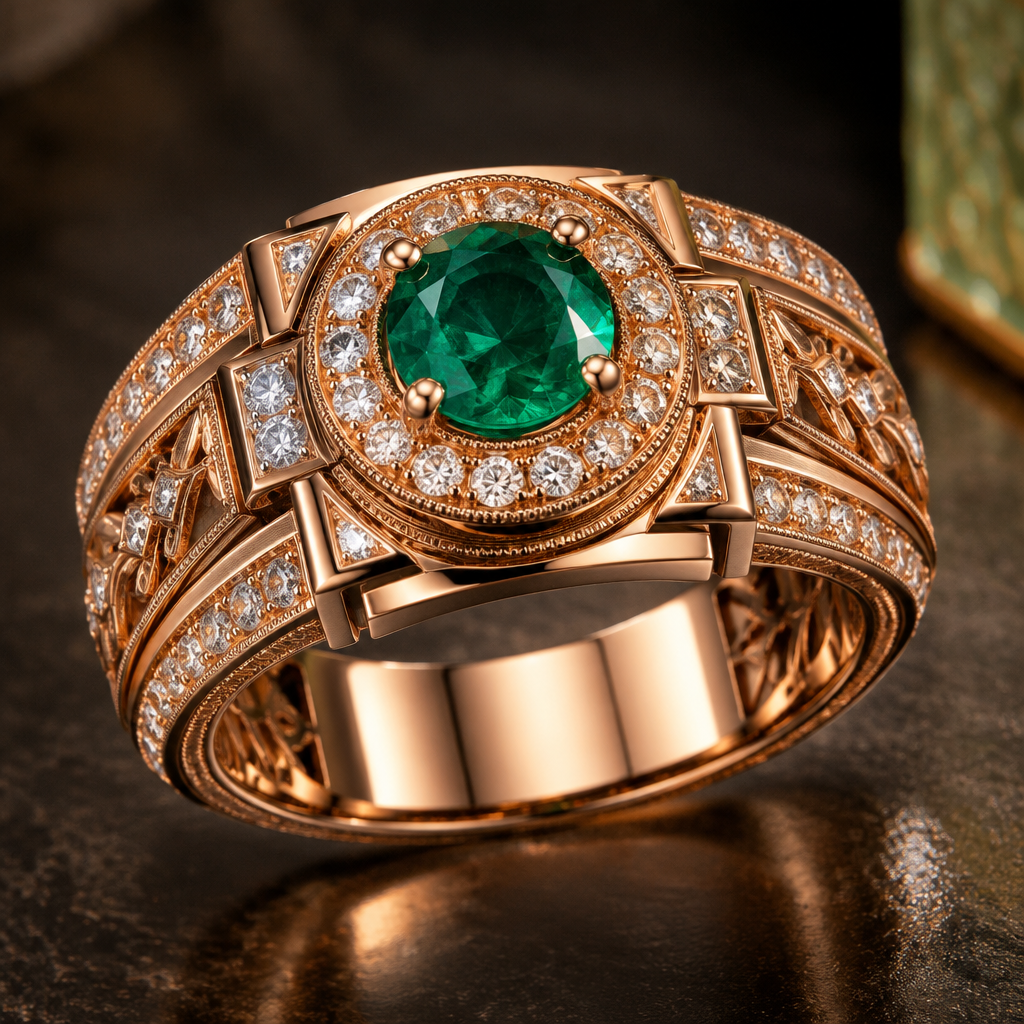 A modern men's ring made of rose gold with emerald stones suitable for festival, highly ornate, intricate and elaborate, richly detailed. मुझे एक ऐसी अंगुथी बना कर दो जिसमें पन्ना गोल हों और उसके बाजु में सफेद नंग लगे हों।
photorealistic jewelry design, A modern men's ring made of rose gold with emerald stones suitable for festival, highly ornate, intricate and elaborate, richly detailed. मुझे एक ऐसी अंगुथी बना कर दो जिसमें पन्ना गोल हों और उसके बाजु में सफेद नंग लगे हों।, modern style, just the design no text