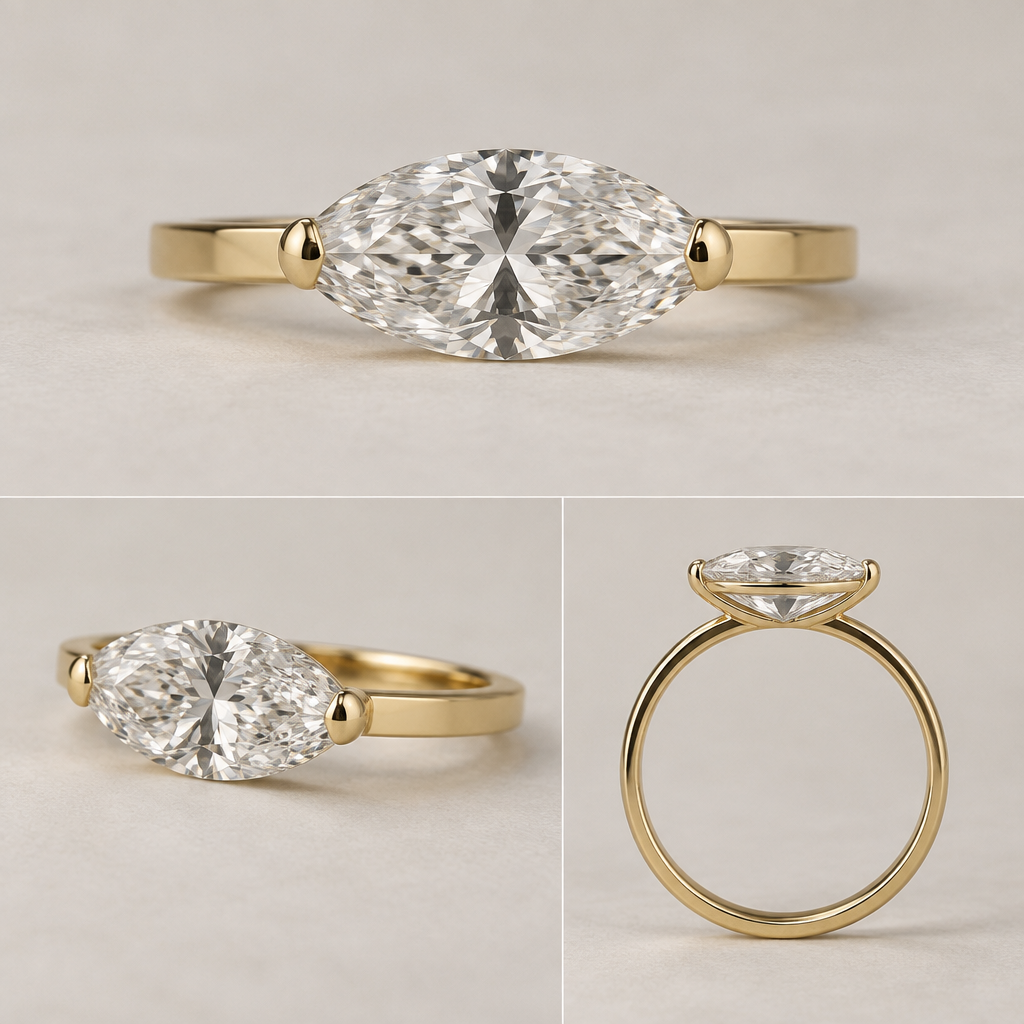 A women's ring, detailed and decorative, moderately ornate. Create a photorealistic high-end jewelry design for a 1.90 ct laboratory-grown marquise diamond, exact measurements 12.81 × 6.39 × 4.11 mm, E color, VS2. The marquise must remain its true elongated marquise shape and proportions and must be mounted east-to-west (horizontal).
Design it as an extremely minimalist solitaire on a straight, flat 2.0 mm yellow-gold band. The aesthetic is architectural, refined, and almost invisible rather than traditional or ornate.
The diamond should appear to float just above the band. Use only the minimum visible metal necessary to secure the stone: two tiny, delicate claw-style prongs positioned at the extreme left and right points of the marquise, gripping the girdle rather than extending visibly onto the crown. The prongs should be narrow and flattened, following the contour of the stone.
Do not use round/bead prongs. Do not use V-prongs. Do not use chevron-shaped prongs. Do not use a bezel. Do not use a halo. Do not add decorative metal around the diamond.
The structural support should be a very thin, recessed gallery rail underneath the diamond, positioned toward the pavilion so that it is largely hidden when viewed from above. The flat band should remain visually clean and uninterrupted beneath the stone.
The goal is that when viewed from the front, the viewer primarily sees the marquise itself and an uninterrupted flat gold band, with only tiny hints of gold at the two points revealing how the stone is secured.
Make the ring physically plausible for fabrication by an experienced bench jeweler. The diamond must have realistic depth and pavilion geometry; do not flatten it to make it look thinner. Maintain appropriate clearance between the diamond and finger.
Render the actual proportions of a 12.81 × 6.39 mm marquise, not a generic oversized marquise. The stone should look substantial relative to the 2 mm band.
Show three views of the same ring: straight-on front view, side profile, and three-quarter view. Neutral luxury jewelry photography, polished yellow gold, no additional gemstones.
photorealistic jewelry design, A women's ring, detailed and decorative, moderately ornate. Create a photorealistic high-end jewelry design for a 1.90 ct laboratory-grown marquise diamond, exact measurements 12.81 × 6.39 × 4.11 mm, E color, VS2. The marquise must remain its true elongated marquise shape and proportions and must be mounted east-to-west (horizontal).
Design it as an extremely minimalist solitaire on a straight, flat 2.0 mm yellow-gold band. The aesthetic is architectural, refined, and almost invisible rather than traditional or ornate.
The diamond should appear to float just above the band. Use only the minimum visible metal necessary to secure the stone: two tiny, delicate claw-style prongs positioned at the extreme left and right points of the marquise, gripping the girdle rather than extending visibly onto the crown. The prongs should be narrow and flattened, following the contour of the stone.
Do not use round/bead prongs. Do not use V-prongs. Do not use chevron-shaped prongs. Do not use a bezel. Do not use a halo. Do not add decorative metal around the diamond.
The structural support should be a very thin, recessed gallery rail underneath the diamond, positioned toward the pavilion so that it is largely hidden when viewed from above. The flat band should remain visually clean and uninterrupted beneath the stone.
The goal is that when viewed from the front, the viewer primarily sees the marquise itself and an uninterrupted flat gold band, with only tiny hints of gold at the two points revealing how the stone is secured.
Make the ring physically plausible for fabrication by an experienced bench jeweler. The diamond must have realistic depth and pavilion geometry; do not flatten it to make it look thinner. Maintain appropriate clearance between the diamond and finger.
Render the actual proportions of a 12.81 × 6.39 mm marquise, not a generic oversized marquise. The stone should look substantial relative to the 2 mm band.
Show three views of the same ring: straight-on front view, side profile, and three-quarter view. Neutral luxury jewelry photography, polished yellow gold, no additional gemstones., modern style, just the design no text