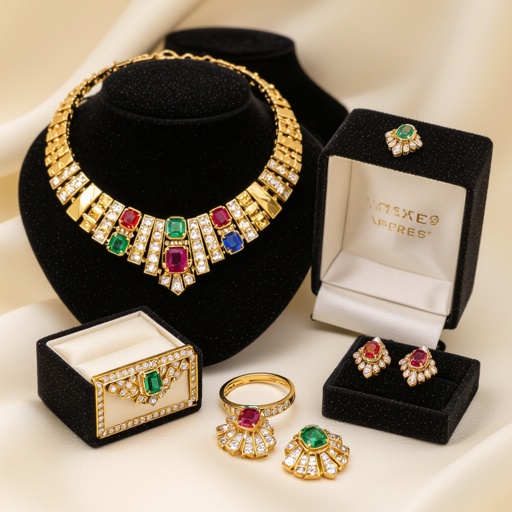 Necklace and ring and earring with luxury colorful jewel with gold