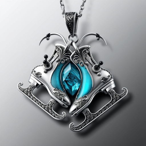 Silver pendant in the shape of ice skating blades with a turquoise stripe within the blade