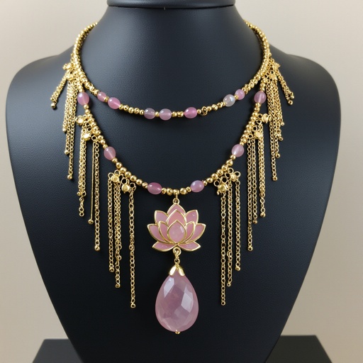 Цепочка из золота с золотыми мелкими шариками и мелкими из мелкого розового кварца посредине лотос от лотоса идут цепочки золотые вниз