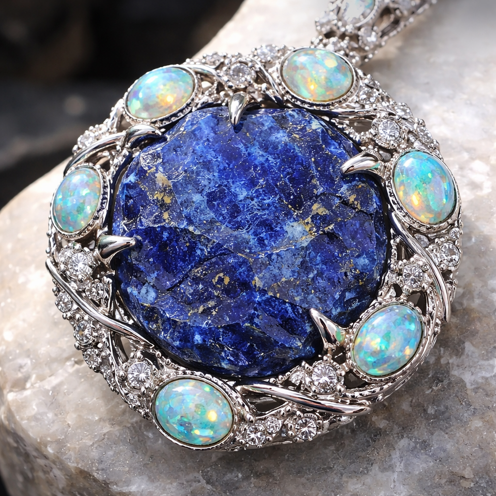 Rough cut abstract circular lapis with opal accents in platinum setting
Rough cut abstract circular lapis with opal accents in platinum setting