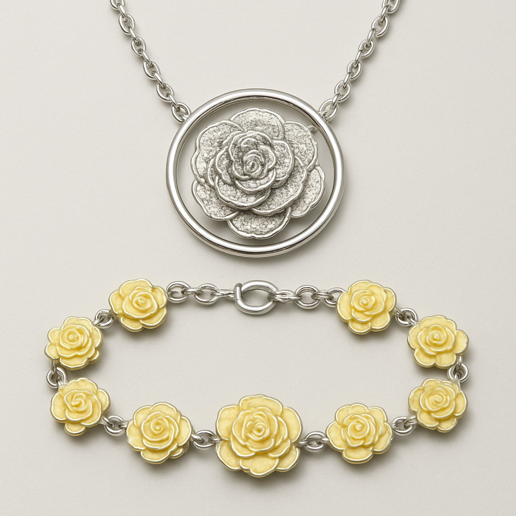 اسوارة وعقد (تصميم العقد : دائري باللون الفضي ومن الامام ورد كبير مصمم من حجر الالماس المرصع باللون الفضي مدموج مع اصفر فاتح اول وردتين من الجهتين يكونو كبار بس الباقي يكونوا اصغر بالحجم ، الاسوارة تكون كلها ورد زي اللي الوصف ذكرته بس مش كبير كثير عادي يعني الوردات يكونوا ملصقات ببعض مدموج بلون اصفر فاتح جدًا وتصميم العقد العقد نفسه يكون مثل الحديد يعني ومش وردة وحدة زي ما حكيت