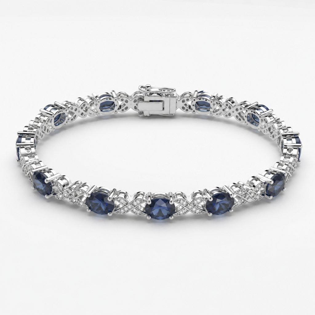 A luxury women's bracelet made of white gold with sapphire stones suitable for daily wear
photorealistic jewelry design, A luxury women's bracelet made of white gold with sapphire stones suitable for daily wear, luxury style, just the design no text