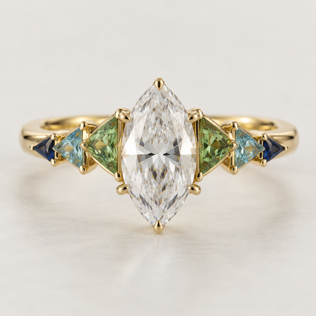 A women's ring. marquis with 3 triangle colored side stones on each side
photorealistic jewelry design, A women's ring. marquis with 3 triangle colored side stones on each side, modern style, just the design no text
