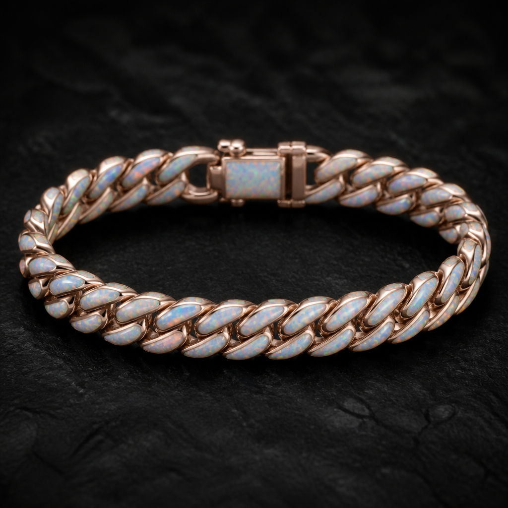 Opal Cuban Link Bracelet
photorealistic jewelry design, Opal Cuban Link Bracelet, just the design no text