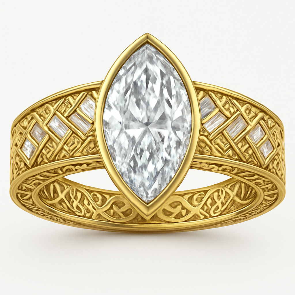 Bezel set 6 carat marquise diamond center stone with baguette diamonds in a herringbone pattern in the band