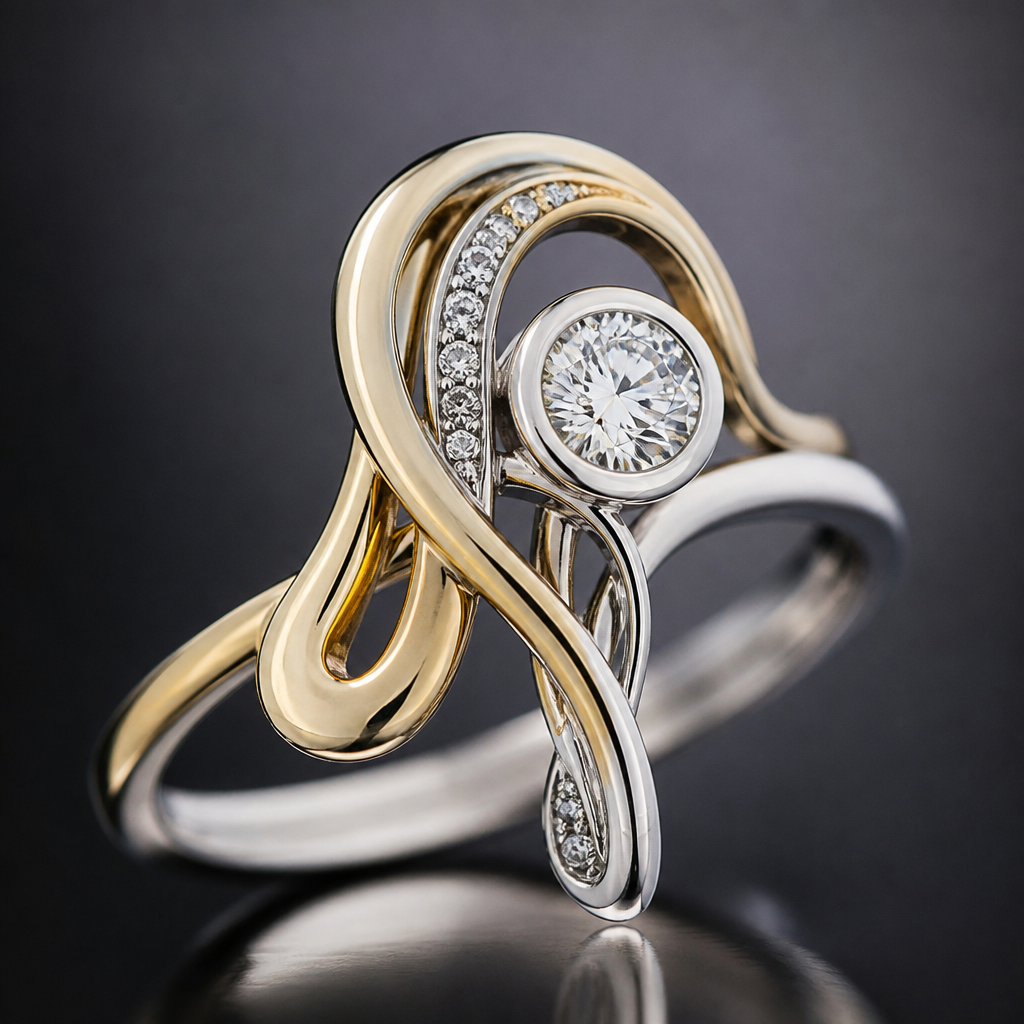 A abstract women's ring made of mixed metal with diamond stones suitable for festival. An extraordinary excellent beautiful delicate and elegant solitaire women ring. Face of the ring.
photorealistic jewelry design, A abstract women's ring made of mixed metal with diamond stones suitable for festival. An extraordinary excellent beautiful delicate and elegant solitaire women ring. Face of the ring., abstract style, just the design no text