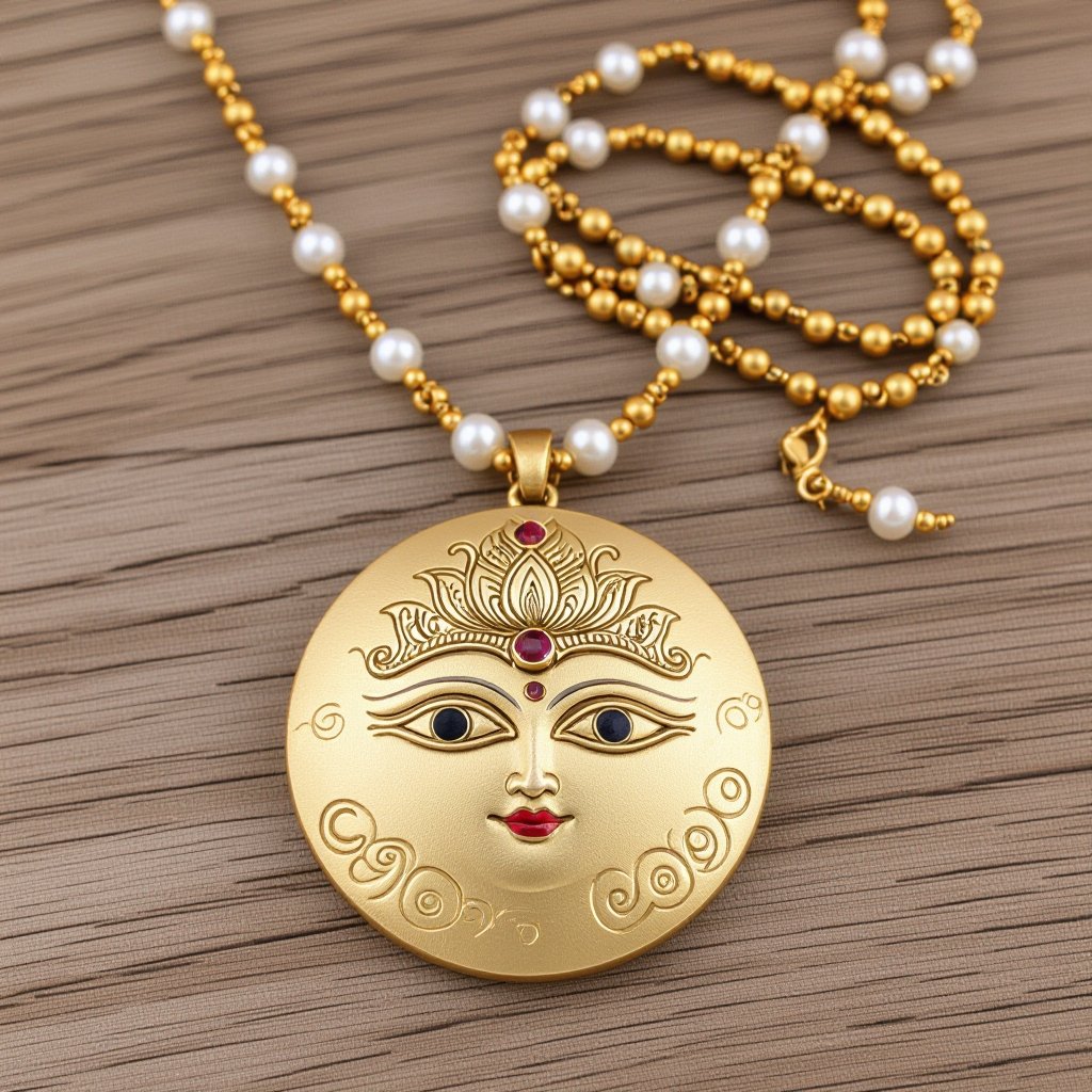 Кулон на длинной цепочке. Матовое светлое золото. В цепочке небольшие золотые шарики и жемчуг. Кулон в виде двух глаз над ними лотос с маленьким красным камнем внутри узоры завитушки 