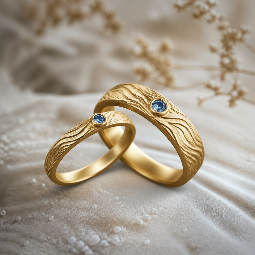 A women's ring. практичные обручальные кольца из золота,с необычной текстурой дерева,фактурой ветвей воды/волн и тонкие,но что бы поместилась гравировка,кольцо мужчины должно быть чуть шире женского.иметь небольшой камень зелено-голубого или голубого цвета,необычные уходя в легкость и романтизм первой любви
photorealistic jewelry design, A women's ring. практичные обручальные кольца из золота,с необычной текстурой дерева,фактурой ветвей воды/волн и тонкие,но что бы поместилась гравировка,кольцо мужчины должно быть чуть шире женского.иметь небольшой камень зелено-голубого или голубого цвета,необычные уходя в легкость и романтизм первой любви, modern style, just the design no text