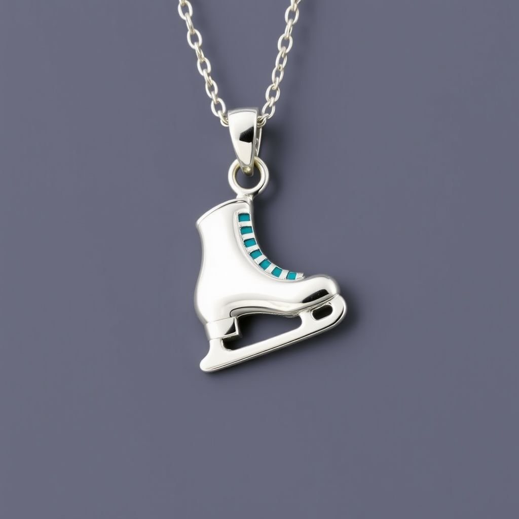 Silver Pendant shape one ice skate with turquoise stripe inside the low thin part blade 