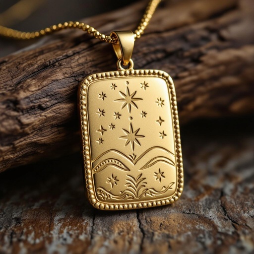 Золотой матовый медальон в форме неровного прямоугольника с округлыми краями. По краям выпуклые точки сплошной линией. На прямоугольнике разные мелкие узоры вырезаны. Символически изображена земля и звезды