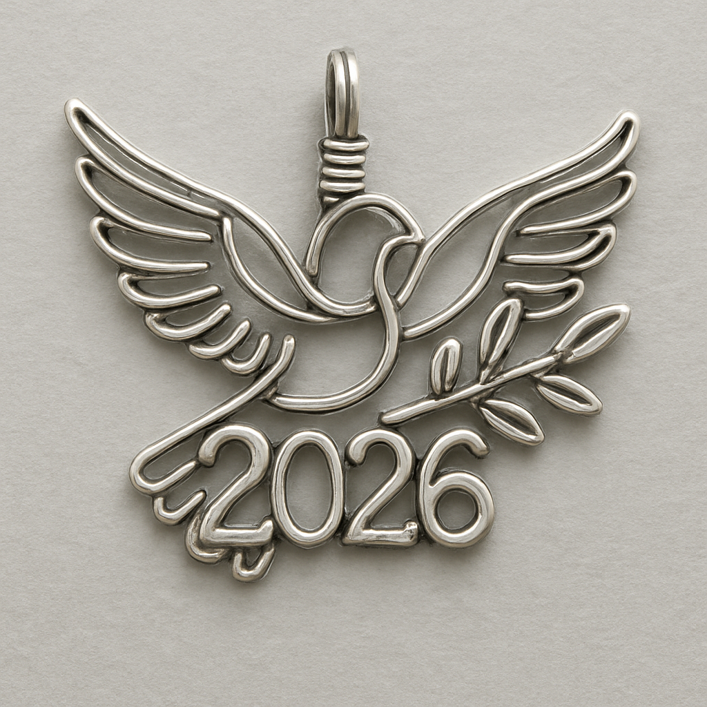 Silver cut-out charm blending together only the two spread out wings of a bird, an olive branch and  along year 2026