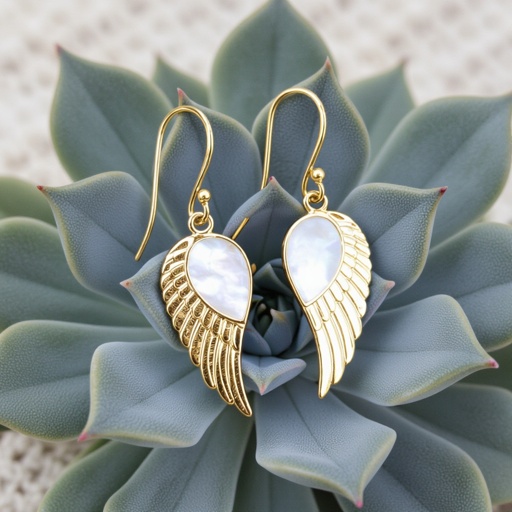 Серьги золотые в виде белого крыла ангела из перламутра 